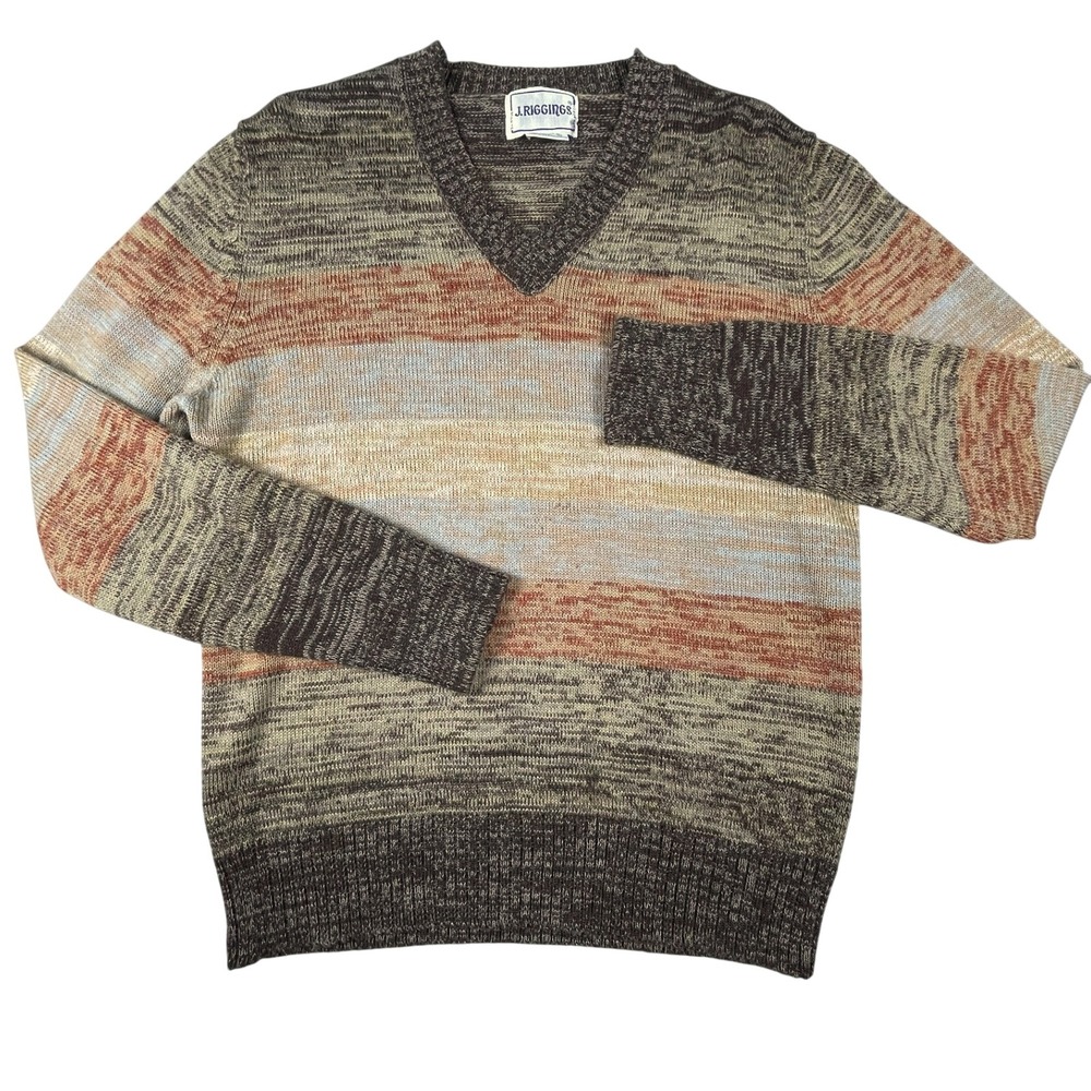 J. Riggins Vintage Sweater Womens L Brown Striped V-Neck Wool Blend Long Sleeve